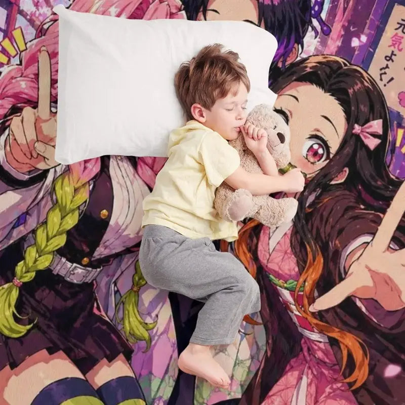 Demon Slayer Nezuko Shinobu Mitsuri Cute Anime Graphic Flannel Throw - Wrinkle Resistant Bed Sofa Cartoon Print Blanket for Child Anime Action Figure Fans Bedroom Gift