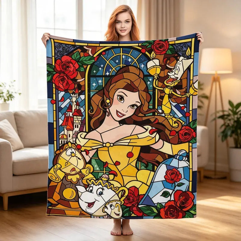 Disney 2026 New Classic Belle Stained Glass Comfortable Fleece Throw Blanket, Elegant Princess Graphic Blanket for Bed, Couch, Holiday Gift,comfrt