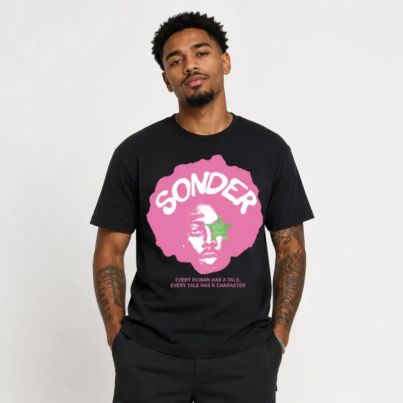Bold Pink "Sonder" Lettering & Geometric Print Rap Shirt Casual Crewneck Streetwear Made In USA For Women For Men [180G/230G 100% cotton short-sleeve/hoodie, soft and comfortable],tshirt,music