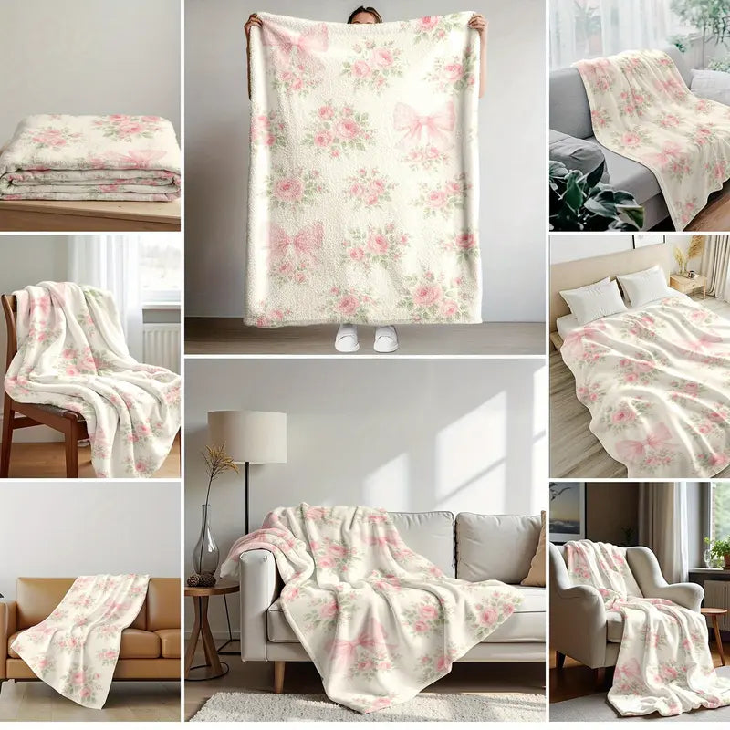 1pc 280GSM Large Flannel Throw Blanket - Pink Rose, Pink Bow, Green Leaf Art Print, Adorable Afghan Style Fluffy Blanket - Warm Bedding, Sofa Textile Throw, Throw Blankets, Fluffy Blankets