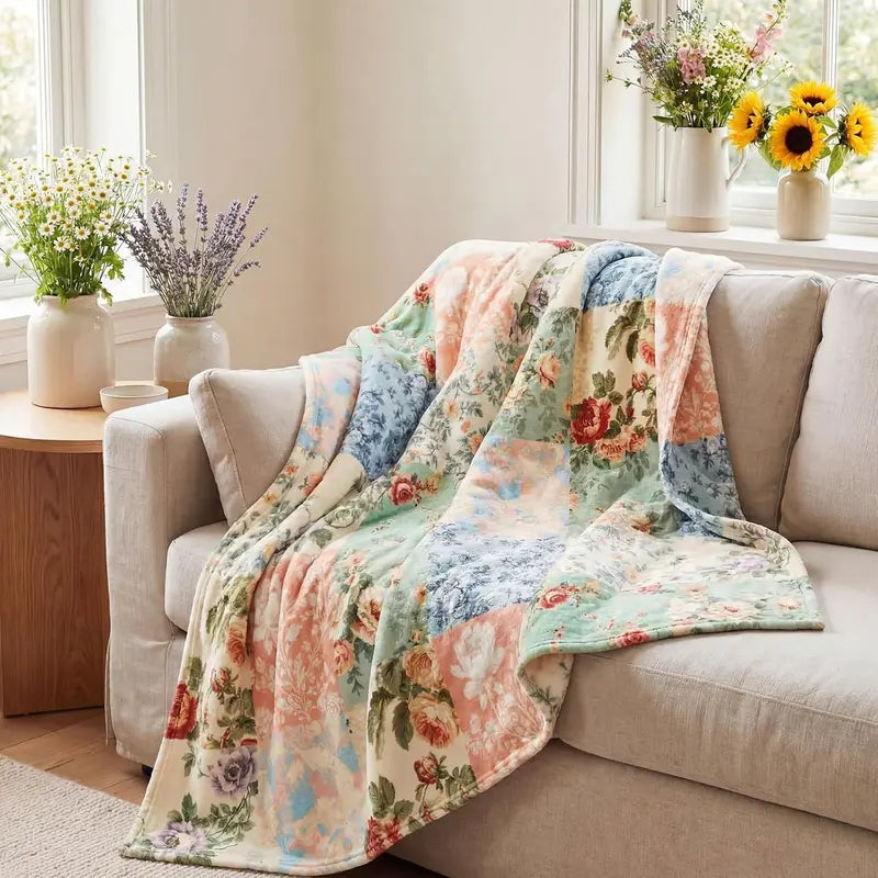 Flannel Blanket | Boho Pastel Floral Throw Blanket Ultra Soft Flannel Patchwork Blanket For Couch And Bed Holiday Theme Cozy Throw Decoration Warm Gift For Spring Summer | Gift Blanket / All Season