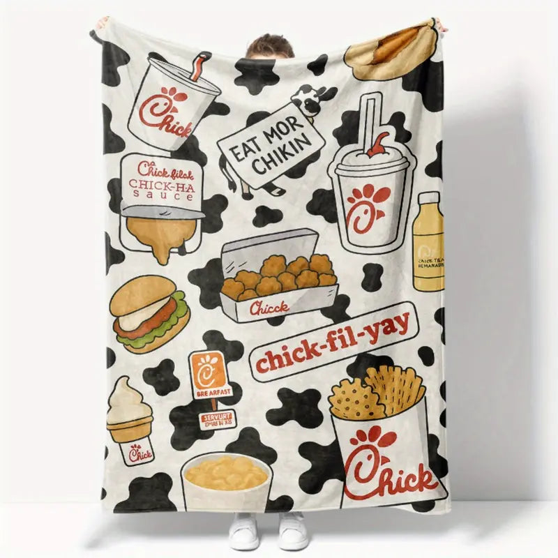 Chick-fil-A Themed Acrylic Throw Blanket - 280GSM Lightweight Durable Breathable All-Season Blanket with Fun Food Theme Pattern, Living Room/Dining Area Accessory, Playful Design