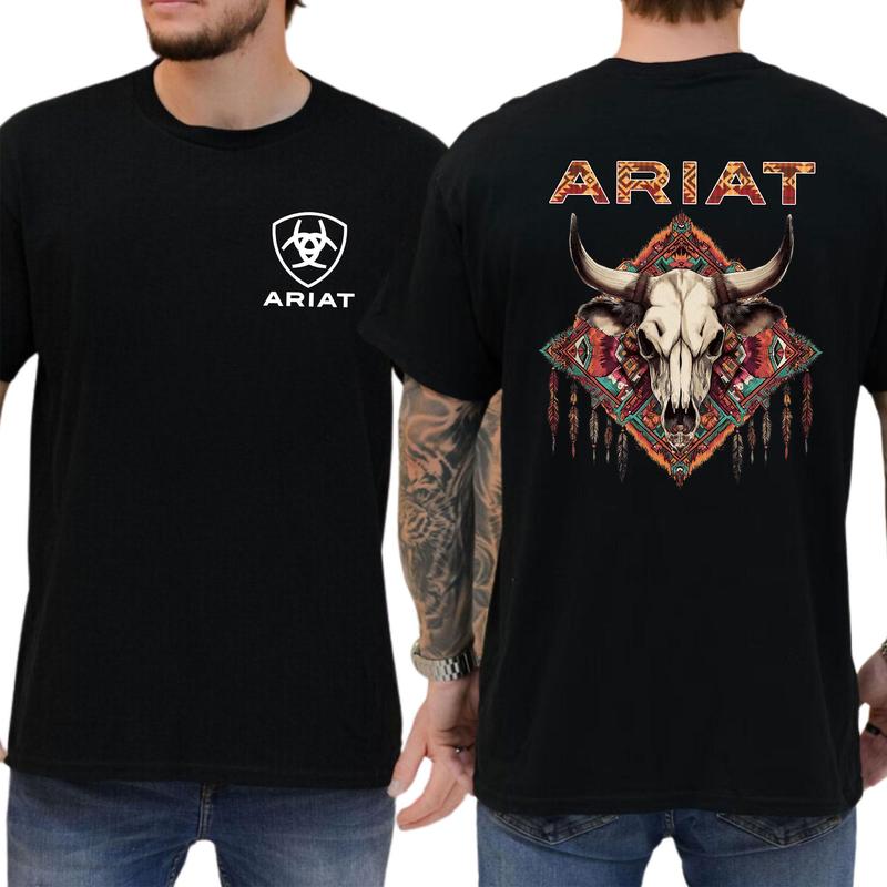 Ariat Shirt, Western Aztec Bull Skull Shirt, Rodeo T-shirt, Casual Menswear