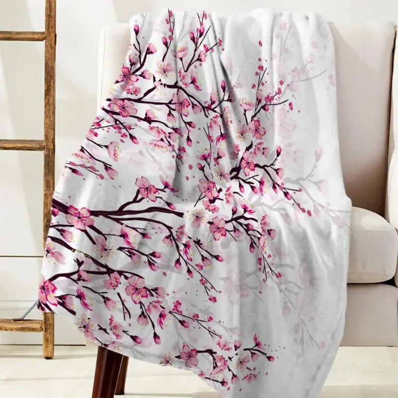 Cherry Blossom Pink Flower Flannel Throw Blanket Soft Cozy Blanket for Sofa Couch Bed Bedroom Decor Christmas Gift