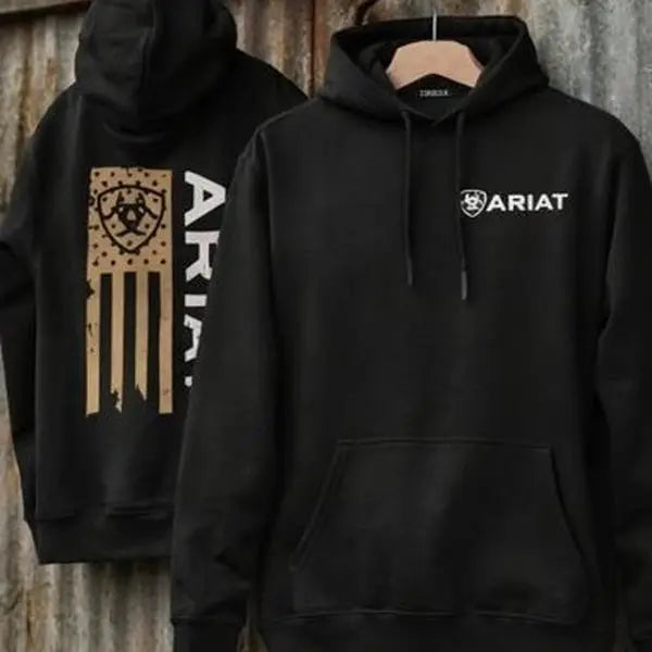 Ariat Western Cowboy Sweatshirt with American Flag Design for Men's Casual Wear Soft Heavyweight Cotton Blend Adjustable Hood Kangaroo Pocket
