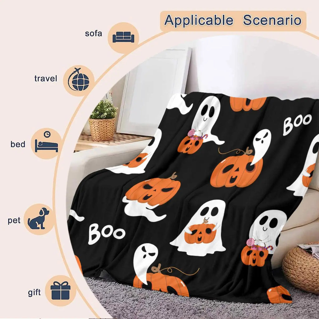 Halloween Themed Pumpkin Ghost Pattern Blanket, Slogan Print Blanket, Soft Comfortable Throw Blanket, Cool Bedroom Bedding Blankets, Warm Nap Blanket for Home Office Travel